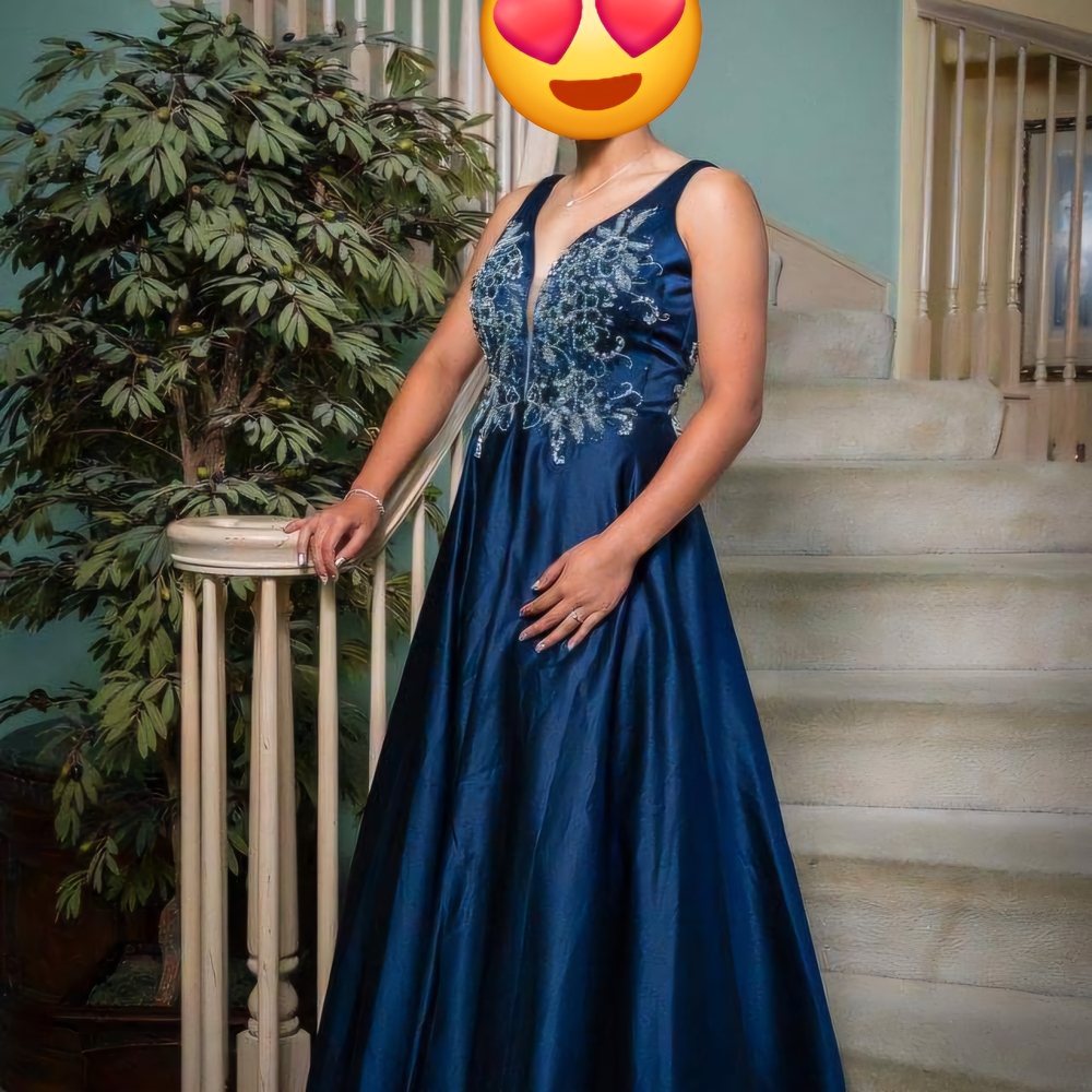 Blue Sequin Embellished Plunge Prom Gown
